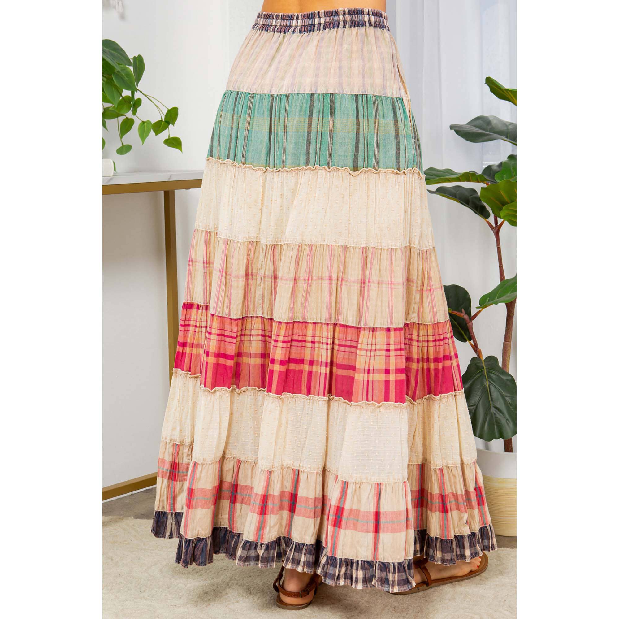 Young Threads - Wholesale Skirt - Women's - Vintage Vibes: Crinkled Tiered Skirt With Mixed Cotton Dobby3