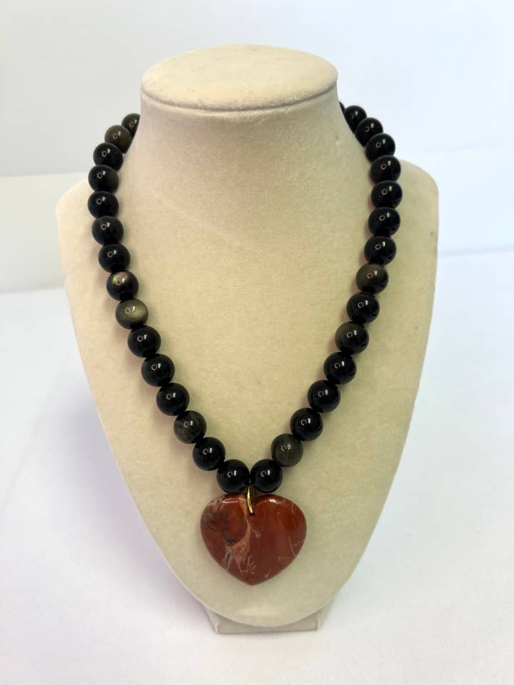 Black Onyx Beaded Necklace with Red Jasper Heart Pendant for wholesale by Merritt Millie