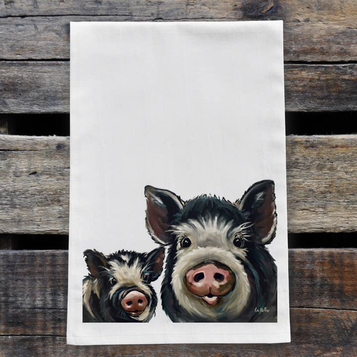 Mom and Baby Pig Tea Towel, Farmhouse Pig Towel for wholesale by Hippie Hound Studios