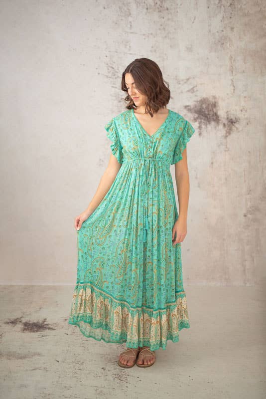 Lula Natura - Vente Robe – femme - Robe verte Selene à manches courtes et boutonnière3
