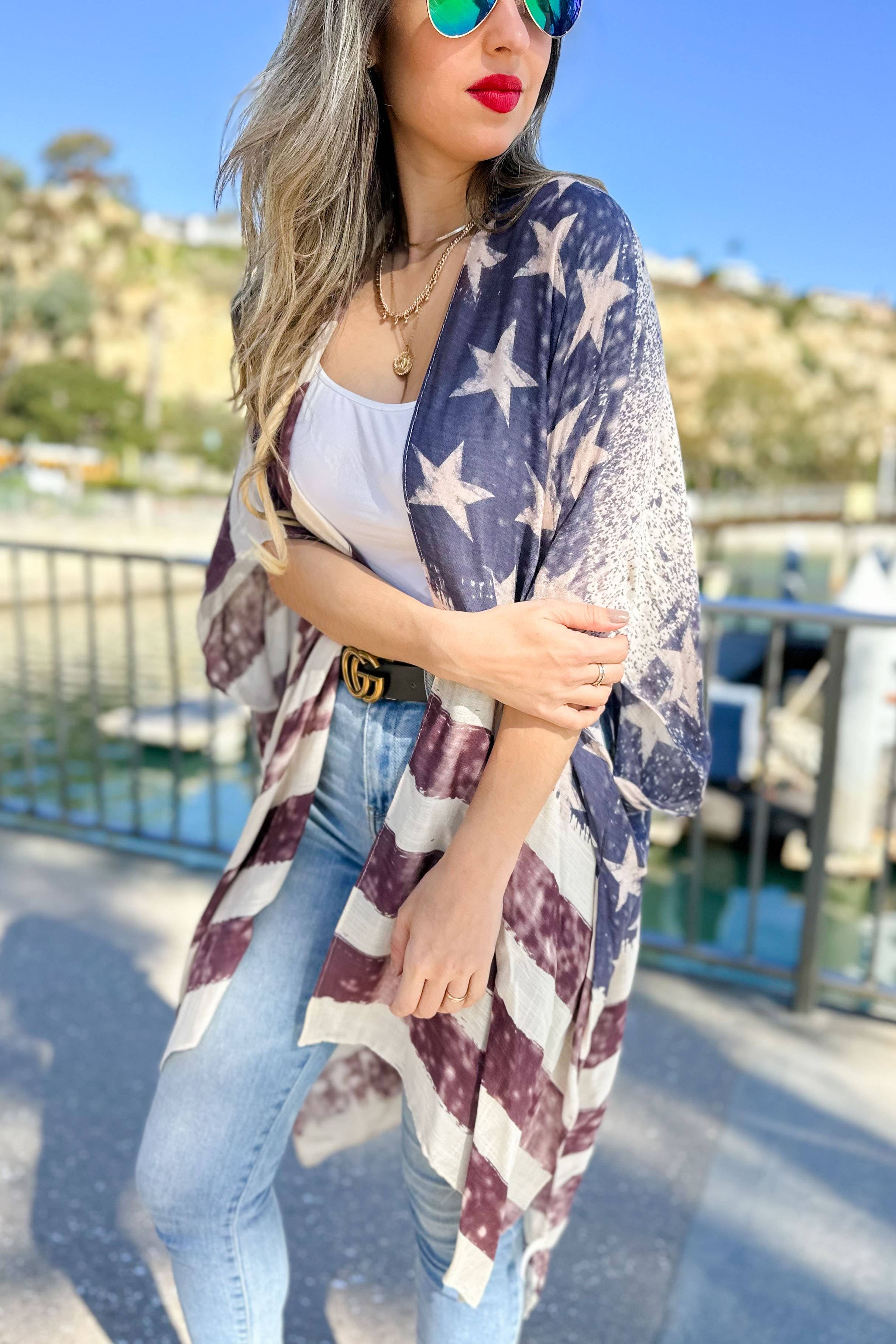 Vintage American Flag Printed Kimono Cover Up for wholesale on Faire8