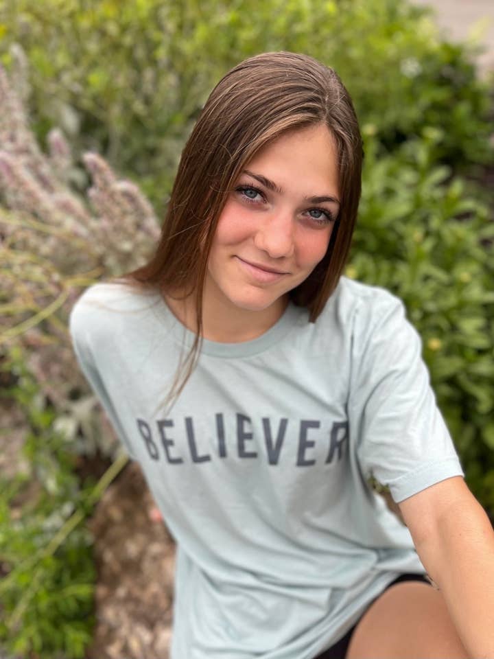 Believer Women's T-Shirt in Heather Dusty Blue for wholesale by Revival Collective Co.