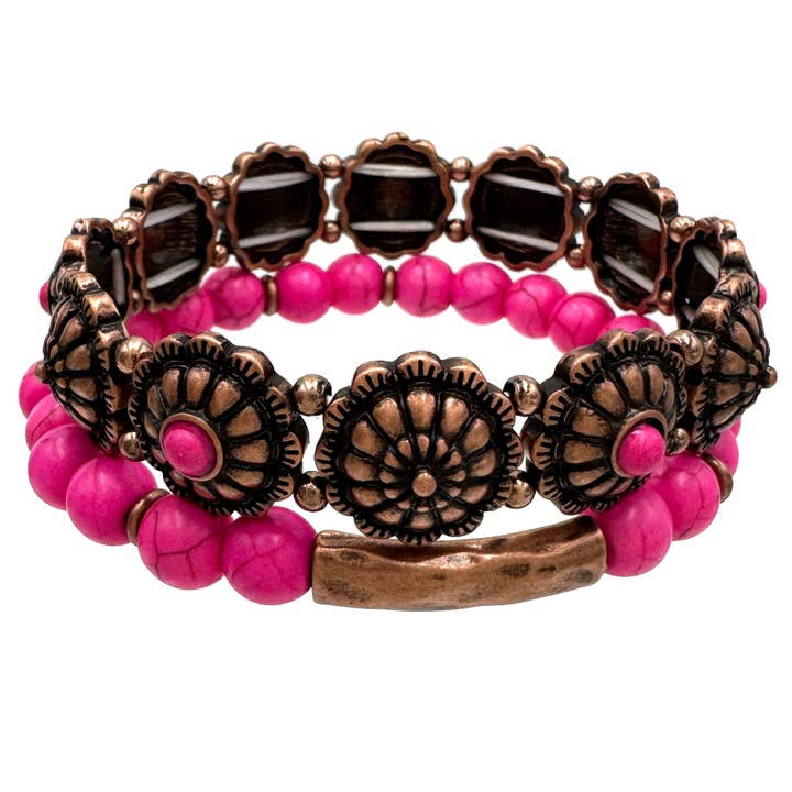 Copper Concho and Hot Pink Bead Bracelet for wholesale by Lunar Deer