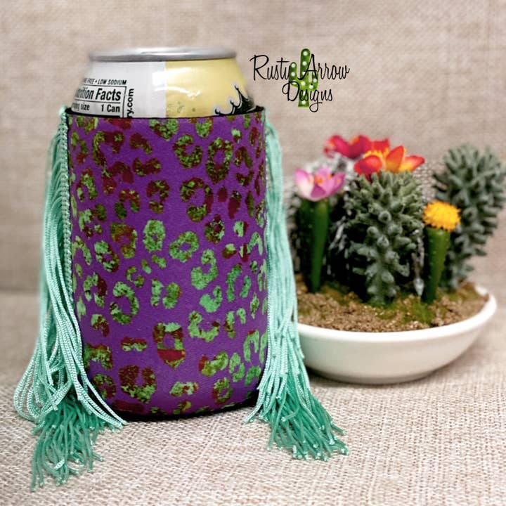 Regular Purple and Mint Cheetah Fringe Koozie for wholesale by RAD Wholesale