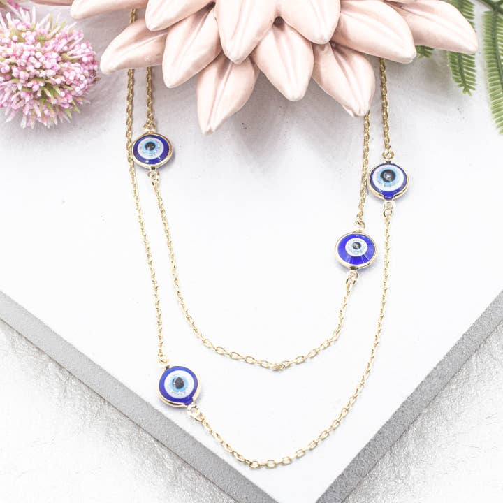 Shiny Blue Evil Eye Long Necklace for wholesale by Cherie by Cherie