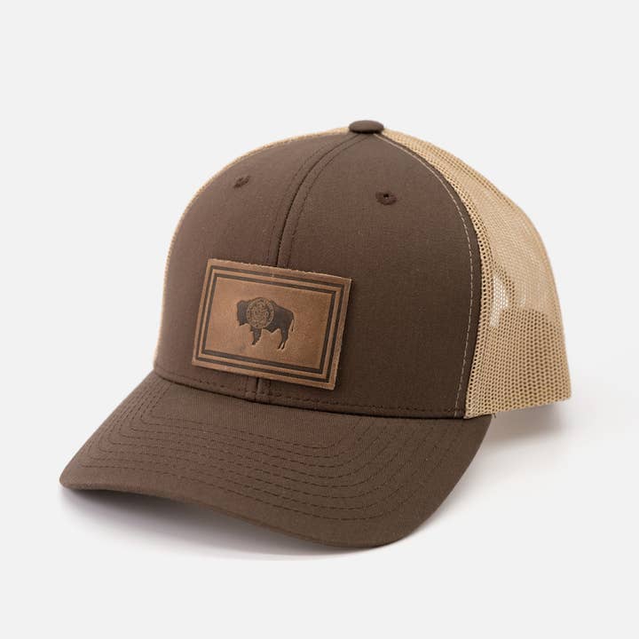 Range Leather Co. - Wholesale Trucker Hat - Unisex - Wyoming Flag Hat | Leather Patch Trucker Hat