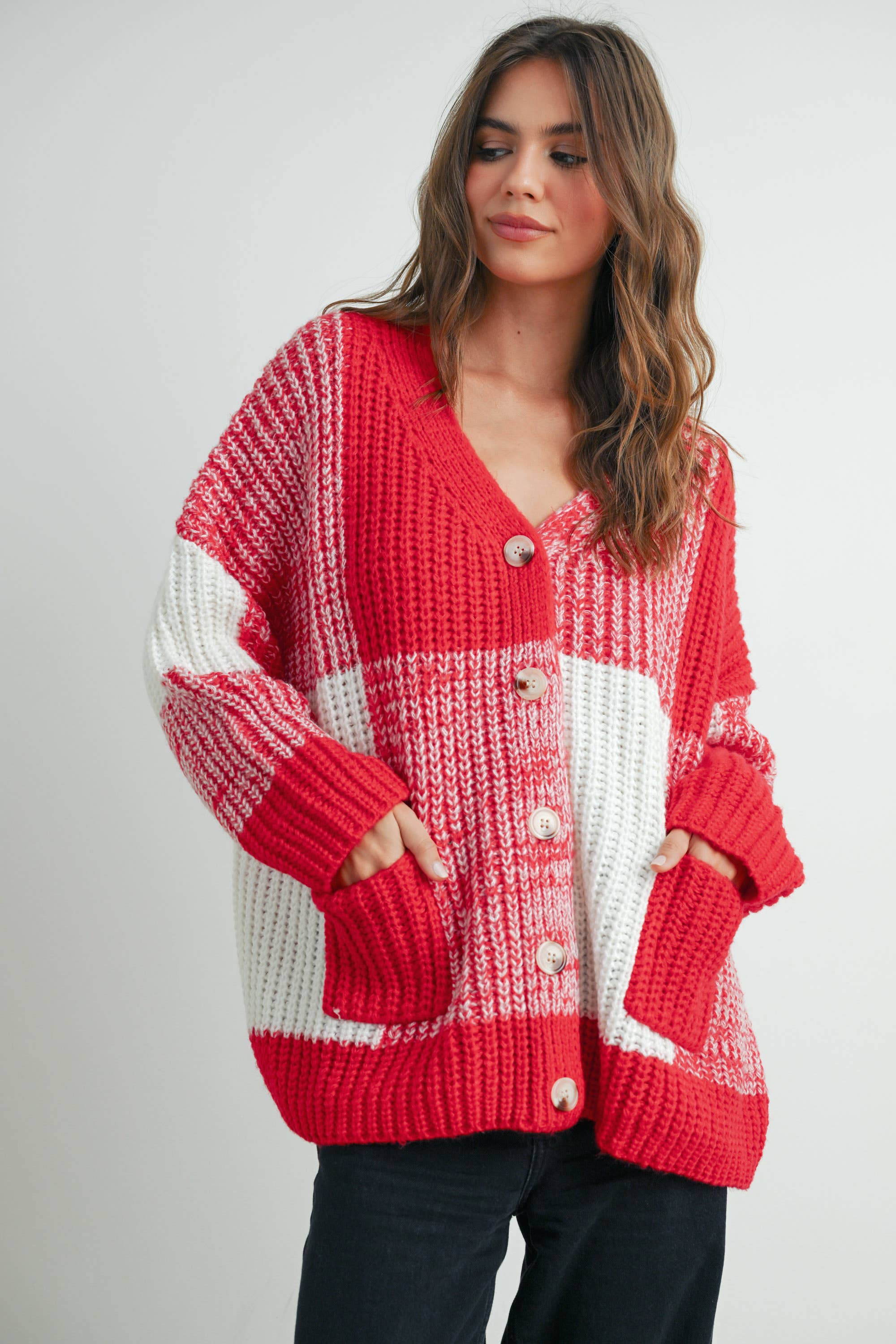 BUTTERMELON - Vendita all'ingrosso Cardigan - Donna - Cardigan oversize a quadretti con spalla scesa - BMC76076