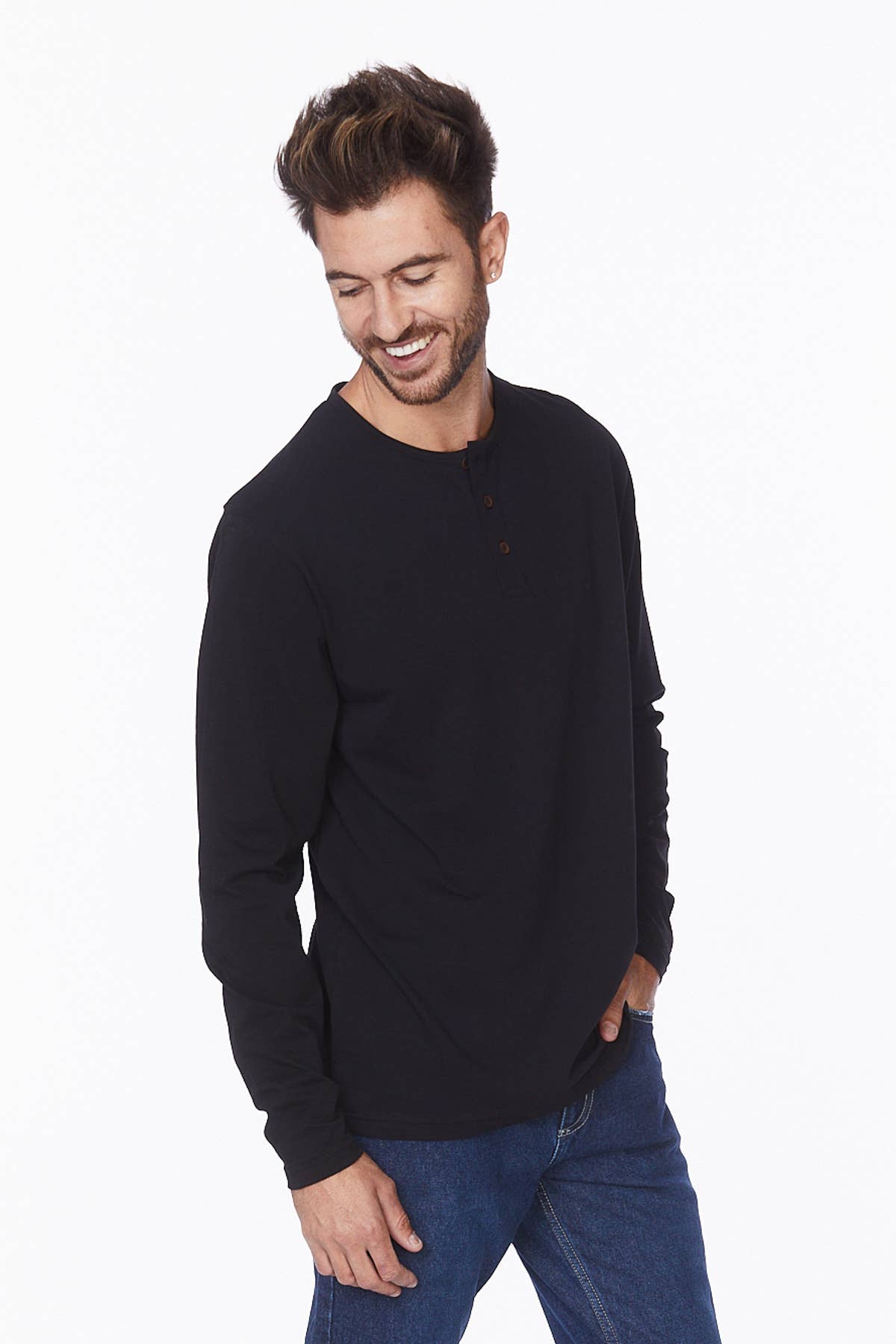 BLACK Men's Long Sleeve Cotton Henley T-Shirt for wholesale on Faire1