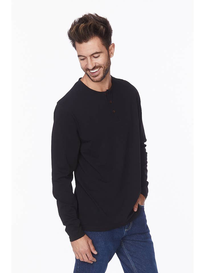 BLACK Men's Long Sleeve Cotton Henley T-Shirt for wholesale on Faire1