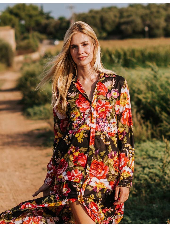 Miss Kitsch – Großhandel Kleid – Damen – Schwarzes langes Kleid aus Baumwolle mit Blumenmuster, Hemdkleid, Boho-Maxikleid, Blumenkleid für Damen mit langem Kleid, Mallorca-Kleid