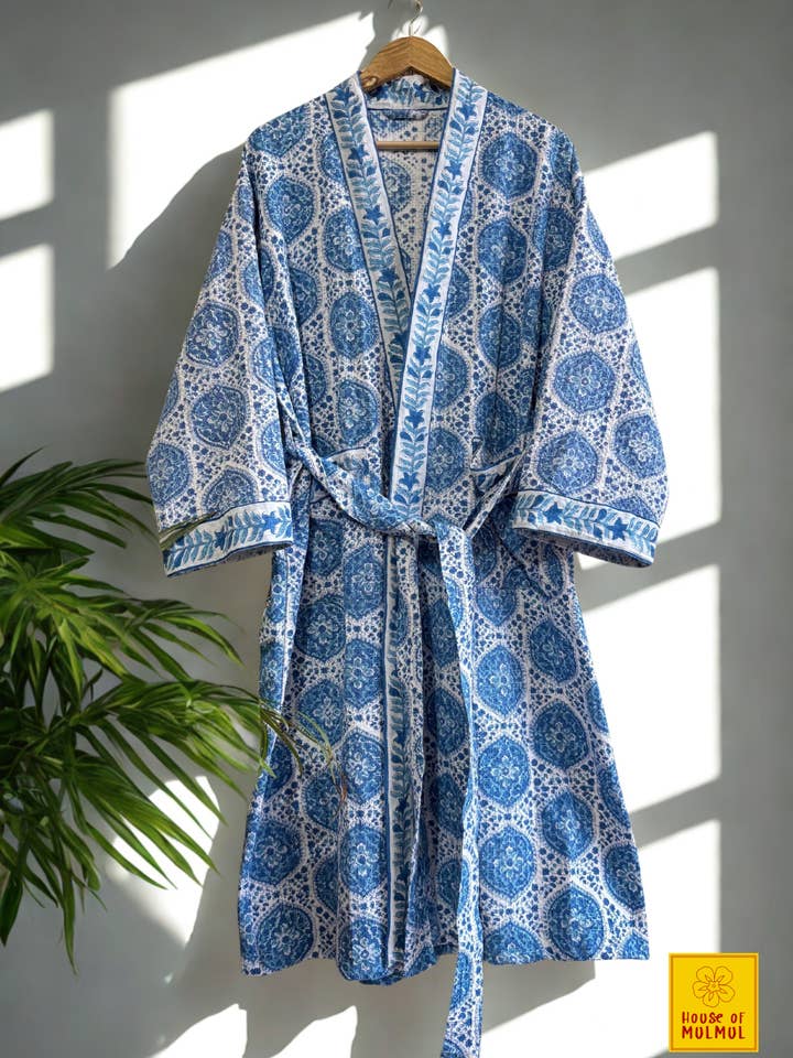 Blockprinted Waffle Weave Cotton Bath Robe (Mandala Slate) for wholesale by House of Mulmul LLC