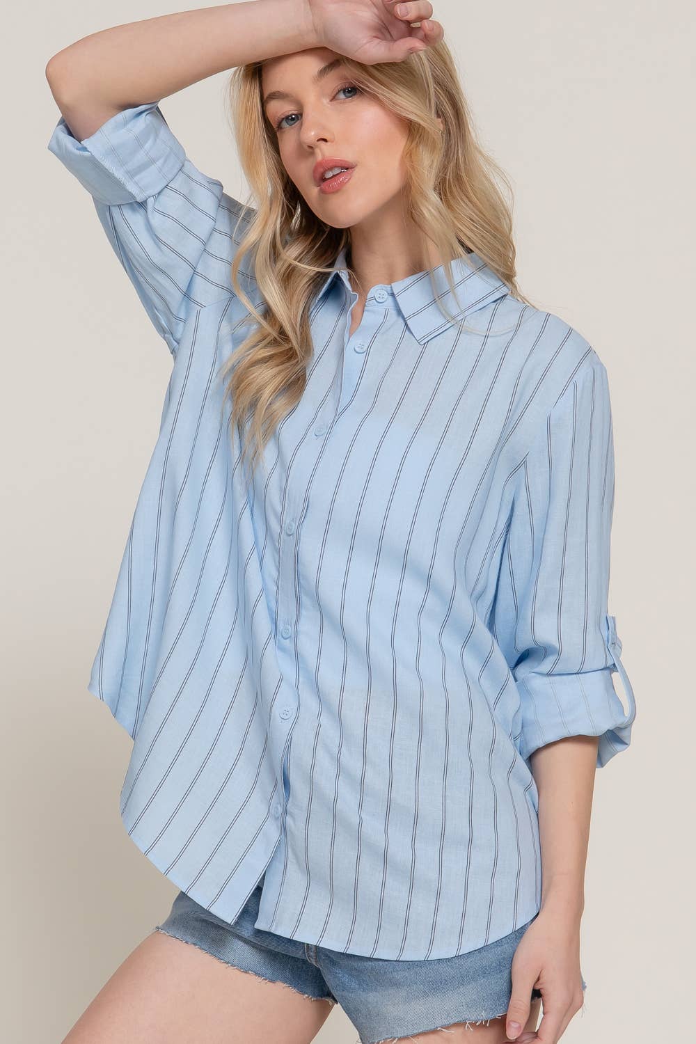 Active Basic | Active USA - Wholesale Button Down Shirt - Women's - Long Sleeve Button Down Stripe Linen Oversized Shirt
