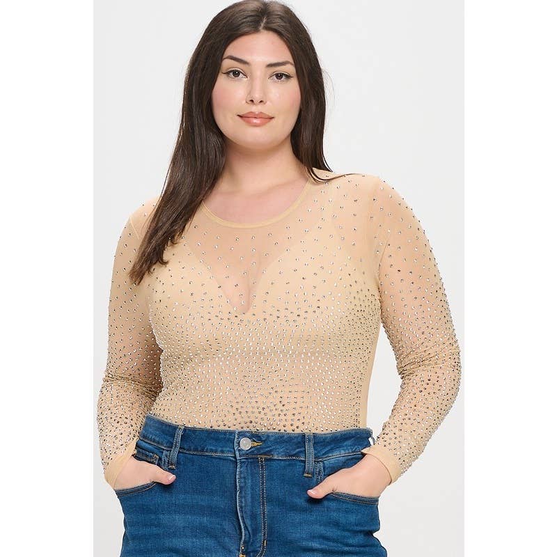 Curve Market - Wholesale Bodysuit - Women's - PLUS SIZE RHINESTONE STUDDED MESH BODYSUIT3
