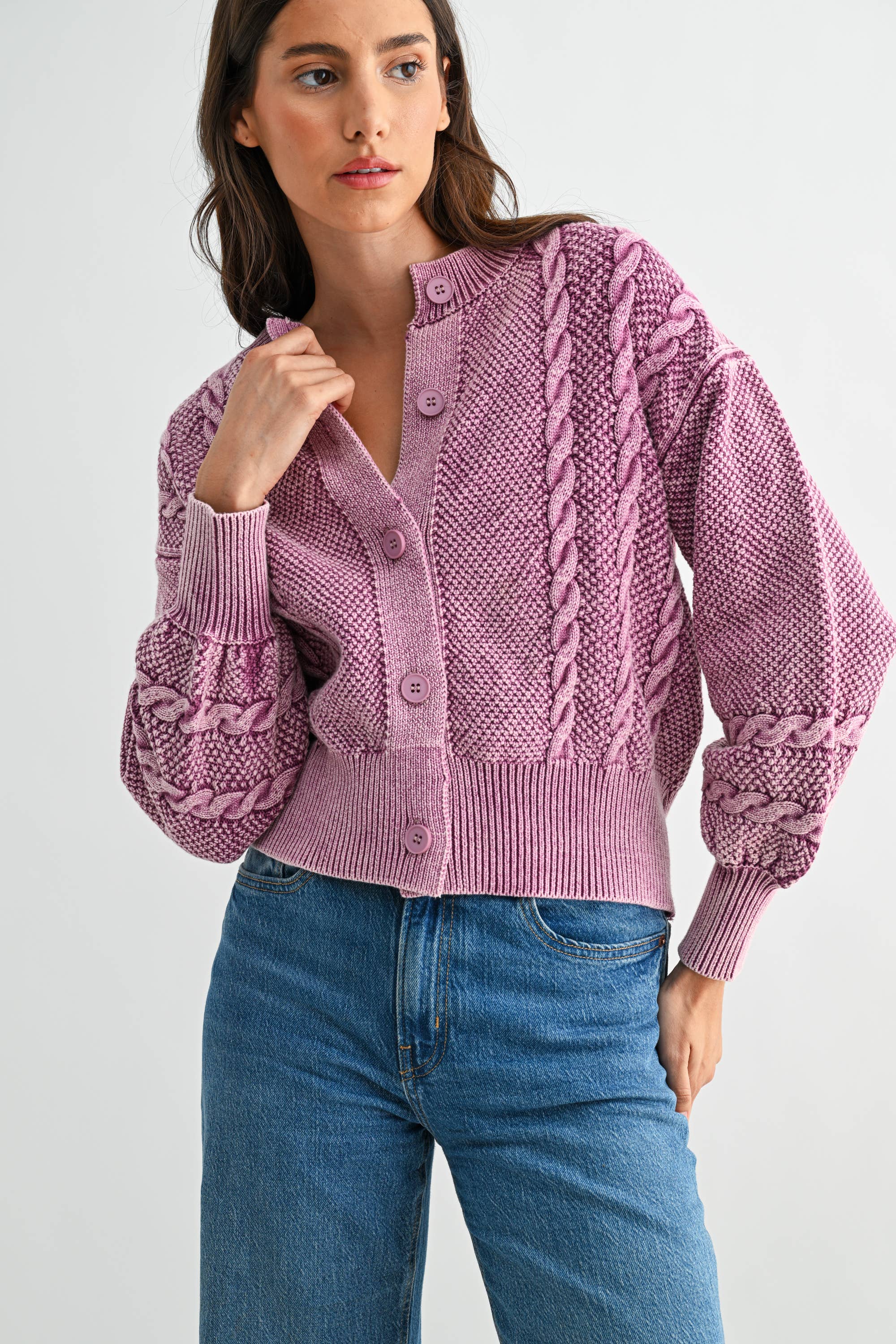 Camellia - Wholesale Cardigan - Women's - CW10019E WASHED BLENDED BROWN CABLE KNIT CARDIGAN28