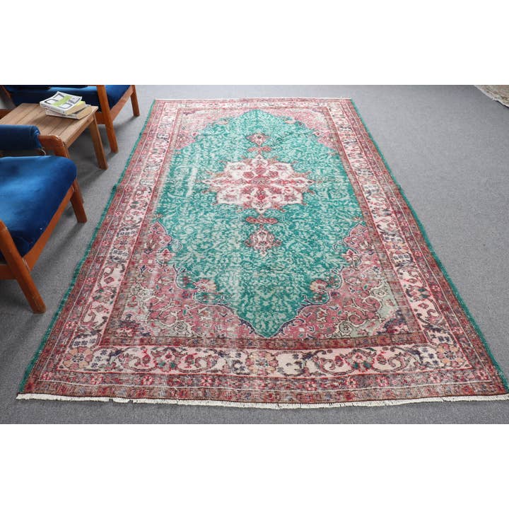 5,7x9,4 ft Large Vintage Turkish Rug, Green Solid Wool Rug for wholesale by The Loom Wholesale