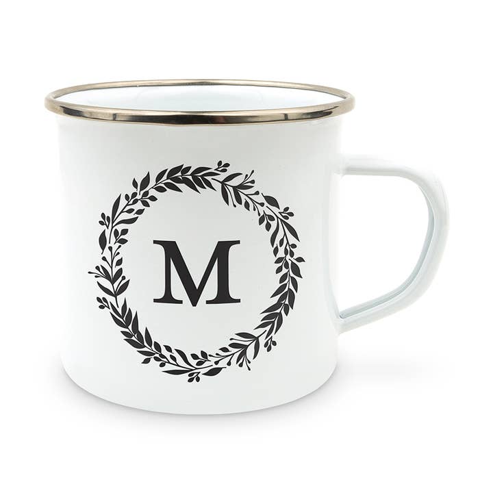 Gepersonaliseerde witte emaille SS koffiemok- Love Wreath Initial voor wholesale door Weddingstar Inc.