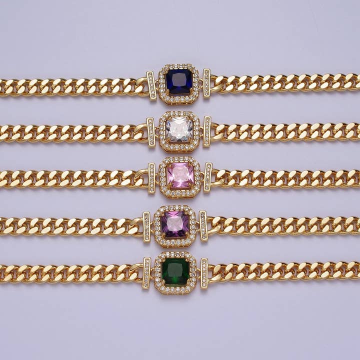 Aim Eternal - Wholesale Link & Chain Necklace - Gold 18 Inch Micro Paved Baguette CZ Flat Curb Link Chain Necklace | WA-1200 -- WA-1218
