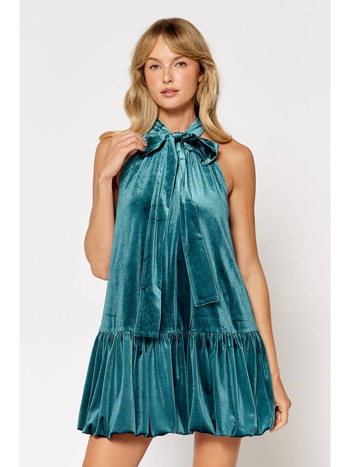 Lalavon - Wholesale Dress - Women's - ILD5091-1Â VELVET HALTER BOW TIE BUBBLE HEM MINI DRESS