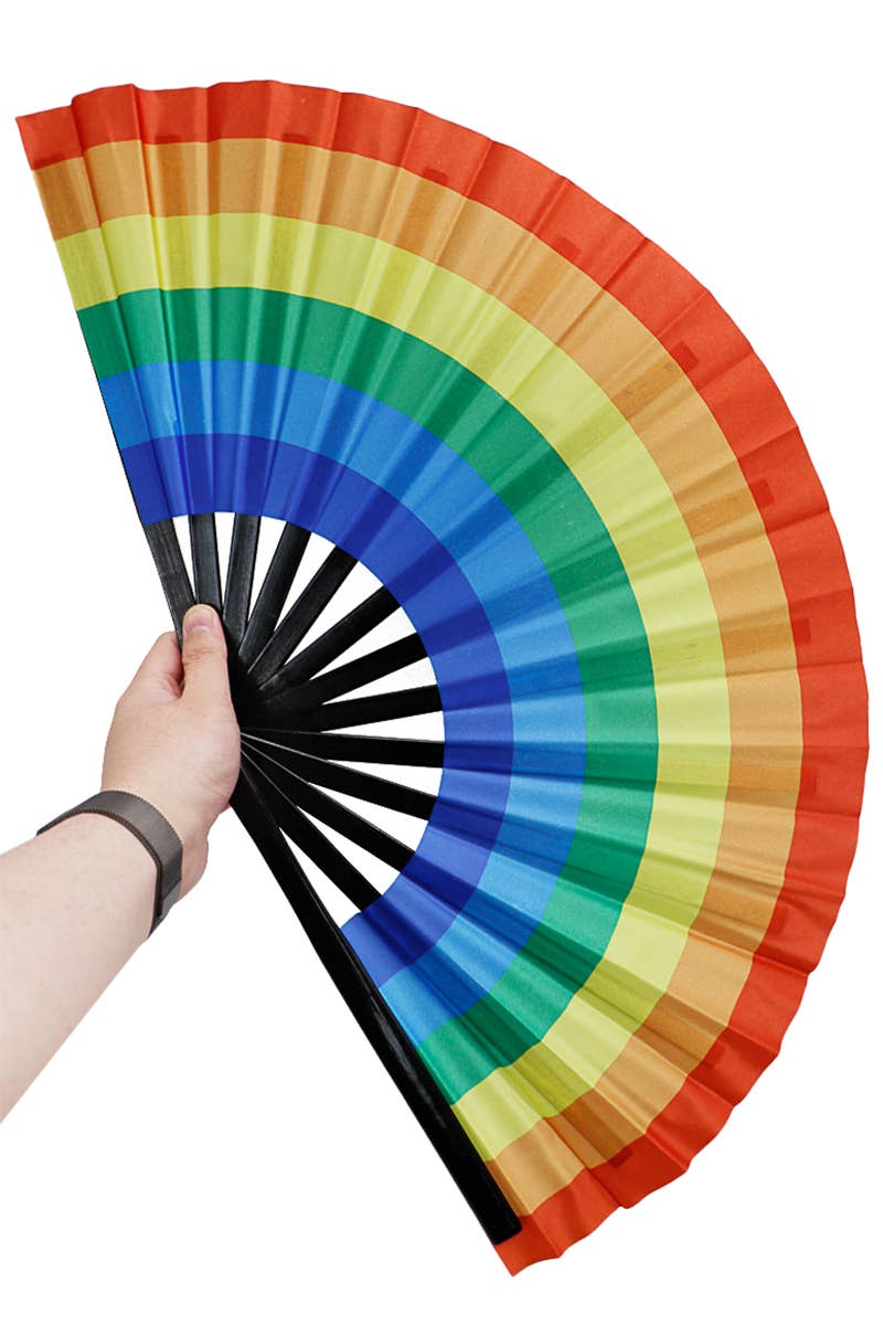 Wholesale Large Rainbow Pride Novelty Hand Held Folding Fan for your store Faire