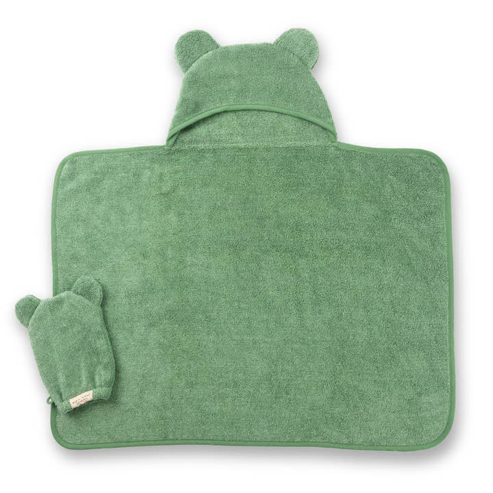 Green Hooded Towel + Wash Mitt Set Sea Foam for wholesale on Faire4