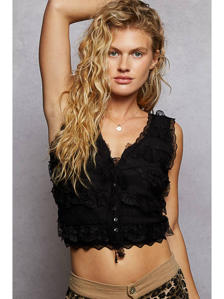 Pol Clothing - Wholesale Blouse - Women's - V-neck sleeveless cropped woven lace top