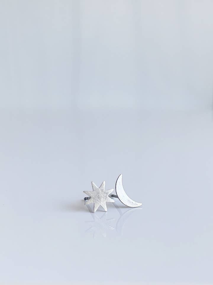 Celestial Sun and Moon Studs in Sterling Silver or 14k GF for wholesale by Helen Ethel Jewelry