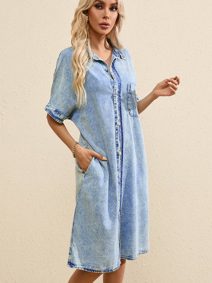 Light Blue Loose Medium Wash Chambray Dress with Short Sleeves for wholesale on Faire13