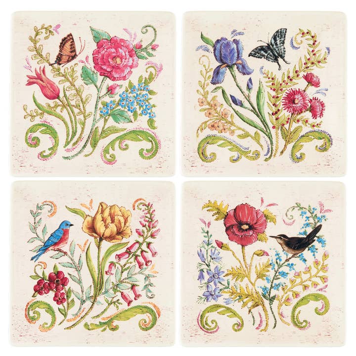 C&F Home - Vente Assiette - ENSEMBLE DE 4 ASSIETTES CARRÉES FLORALES DE JARDIN EN SOLDE