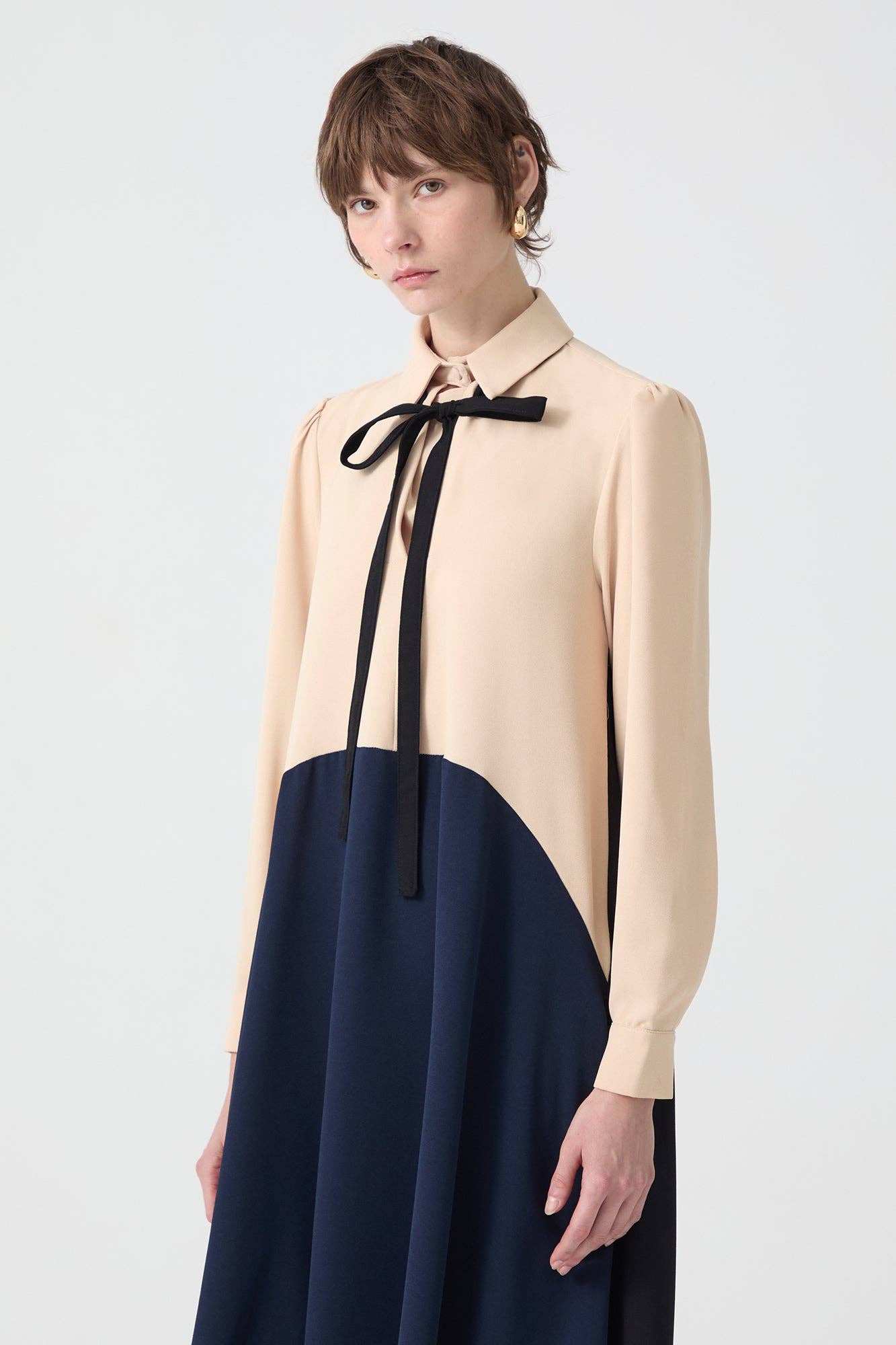 Navy Blue CREPE TIE NECK MAXI DRESS - MODEST COLORBLOCK ELEGANCE for wholesale on Faire1