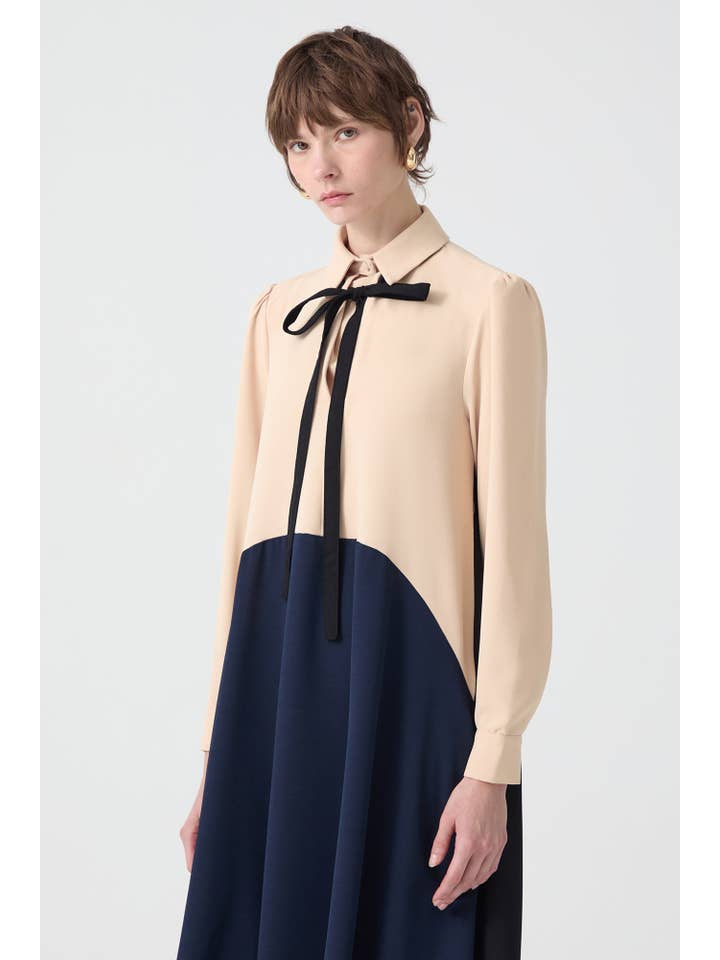 Navy Blue CREPE TIE NECK MAXI DRESS - MODEST COLORBLOCK ELEGANCE for wholesale on Faire1