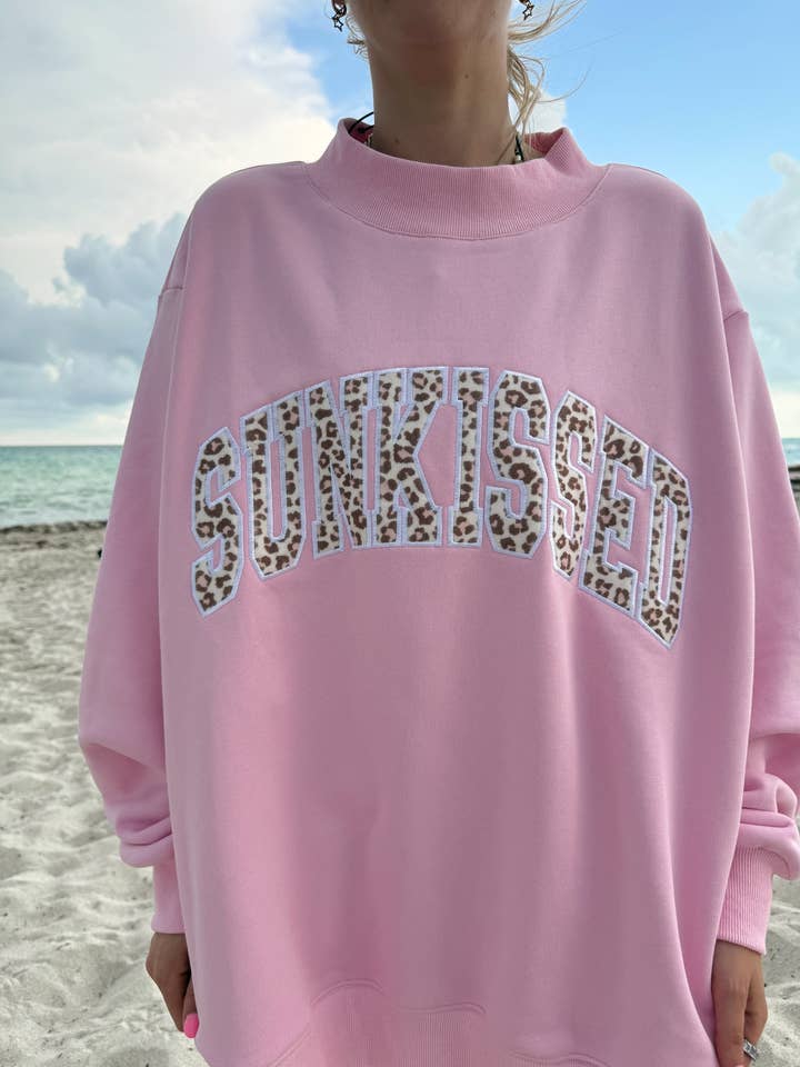 Bubblegum Pink Cheetah Print Varsity Sunkissed Embroidered Mockneck Sweatshirt 100% Cotton for wholesale on Faire3