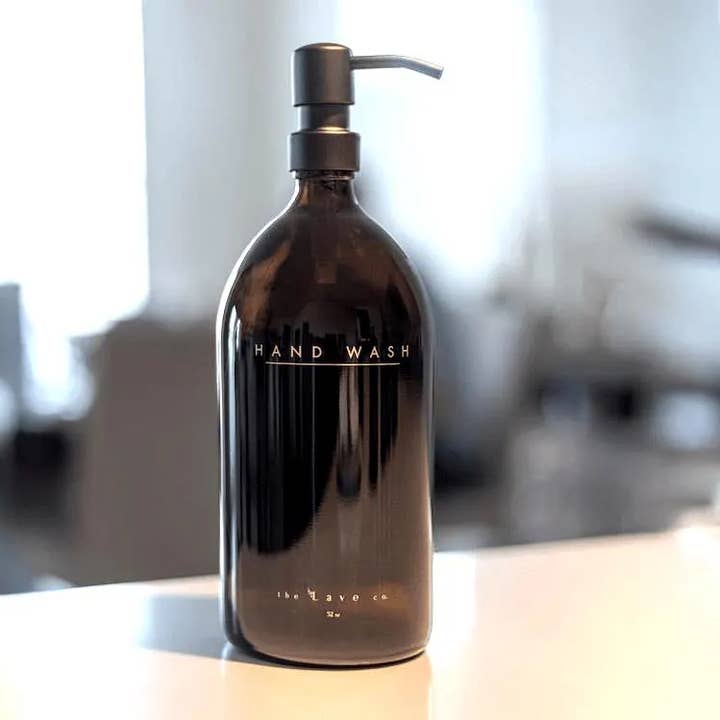 32 oz Amber Glass "Hand Wash" Dispenser w/ Matte Black Pump for wholesale by the Lave co