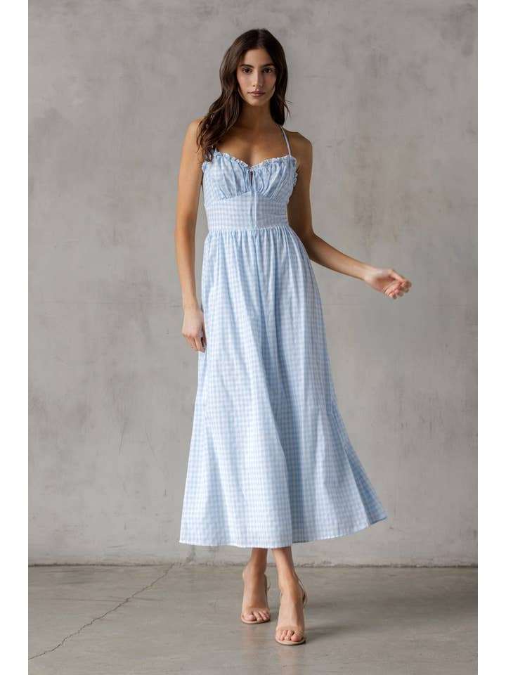 DSJD7605 - BLUE GINGHAM MIDI DRESS for wholesale on Faire
