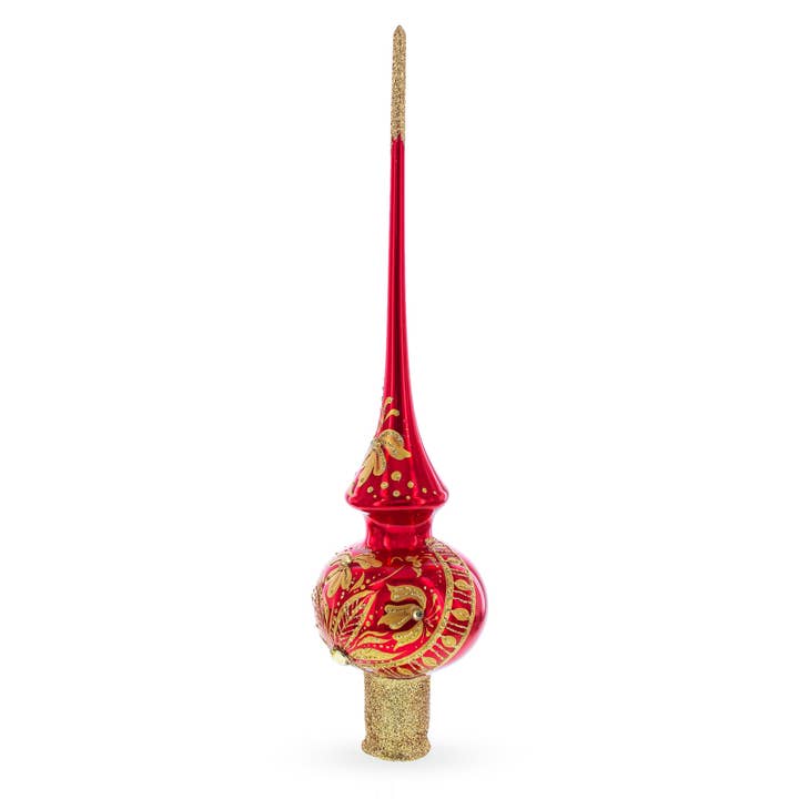 BestPysanky - Wholesale Tree Topper - Golden Flowers Bouquet on Glossy Red Christmas Tree Topper