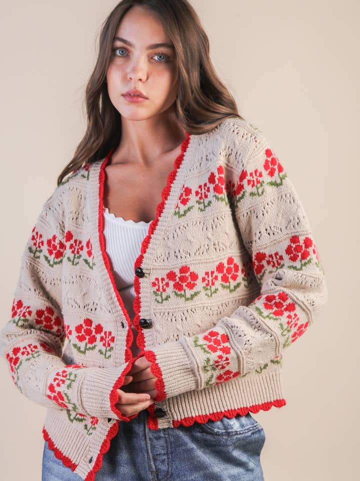 VERY J - Wholesale Cardigan - Women's - 12W3524N-Floral Graphic Detail Knit Sweater Cardigan12