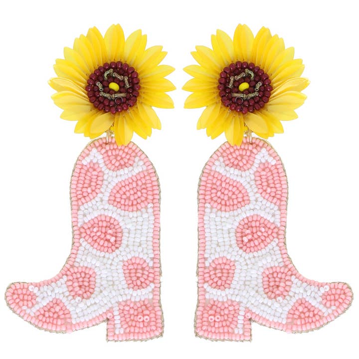 SP Sophia Collection - Wholesale Dangle Earrings - Beaded Sunflower Cow Print Cowboy Boot Dangle Earrings