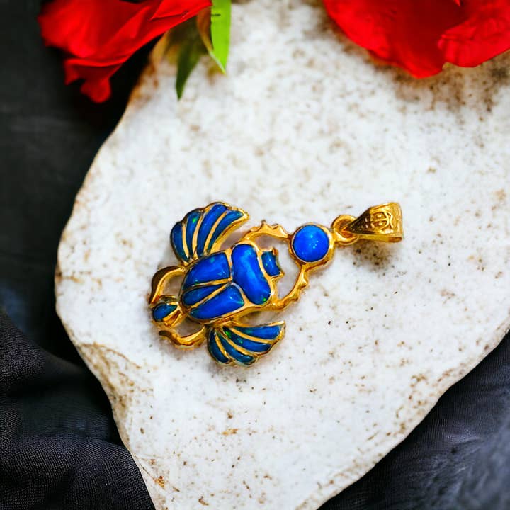 ALADDIN'S LAMP JEWELRY - Wholesale Individual Charm/Pendant - Gold Winged Royal Scarab Of Regeneration Blue Opal Pendant2
