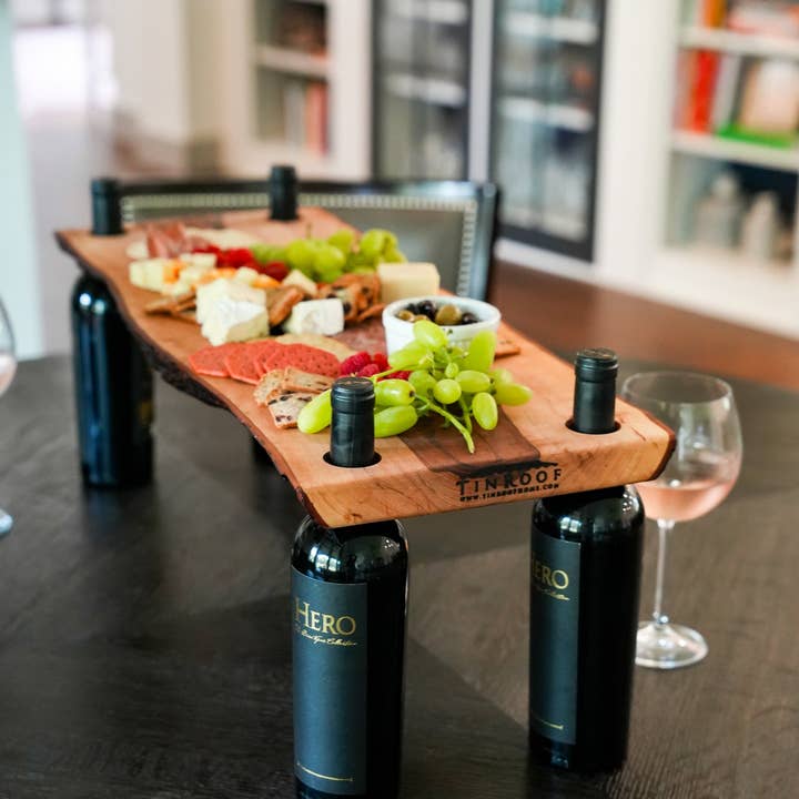 PECAN WINE BOTTLE HOLDER CHARCUTERIE BOARD for wholesale by Tin Roof Kitchen & Home