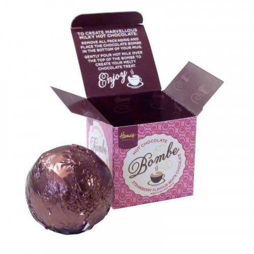 Hames Chocolates – wholesale Hot cocoa mix/kit – UK ONLY. White Hot Chocolate Bombe Strawberry Flavouring1