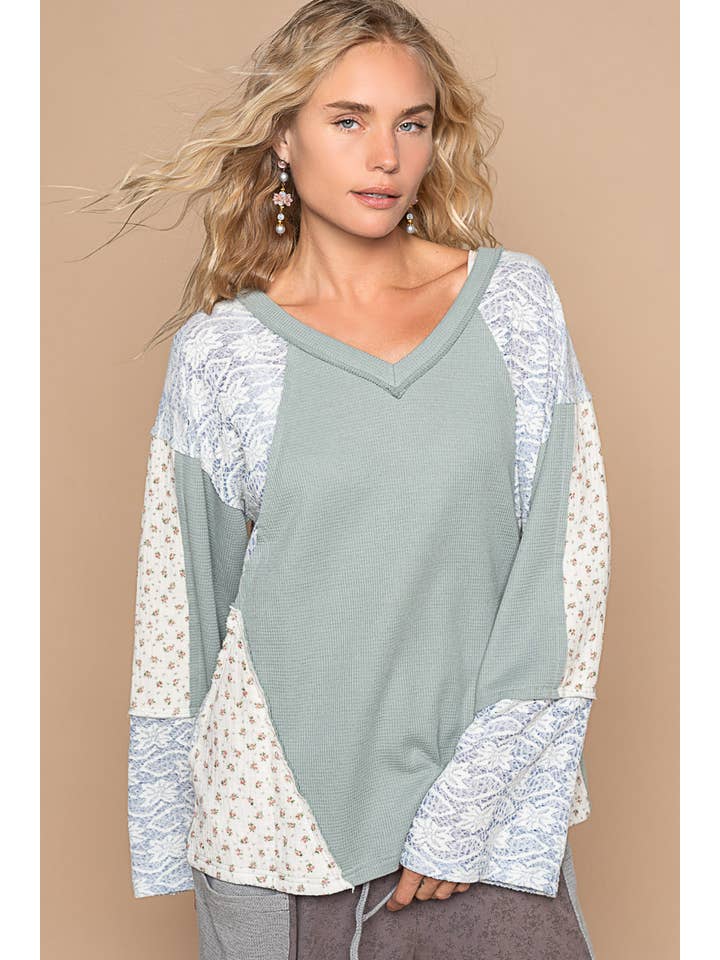 Pol Clothing - Wholesale Knit Top - Women's - Long sleeve contrast flower thermal knit top SALE