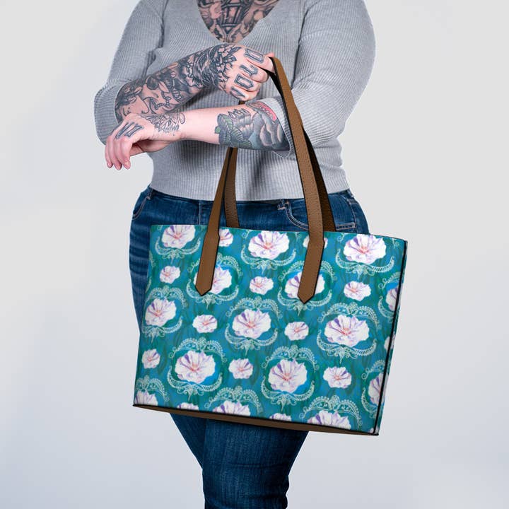 Bohemian Water Lilies Floral Vegan Leather Tote Bag Purse for wholesale by RiverWood Forest