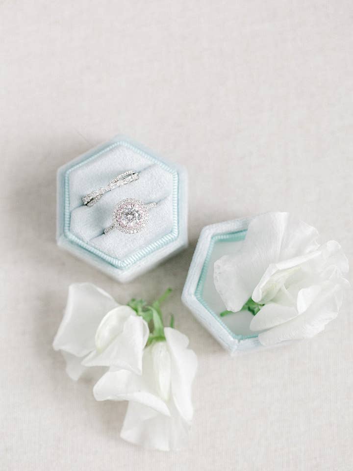 Ice Blue Velvet Hexagon Ring Box for wholesale by Belle Box Boutique