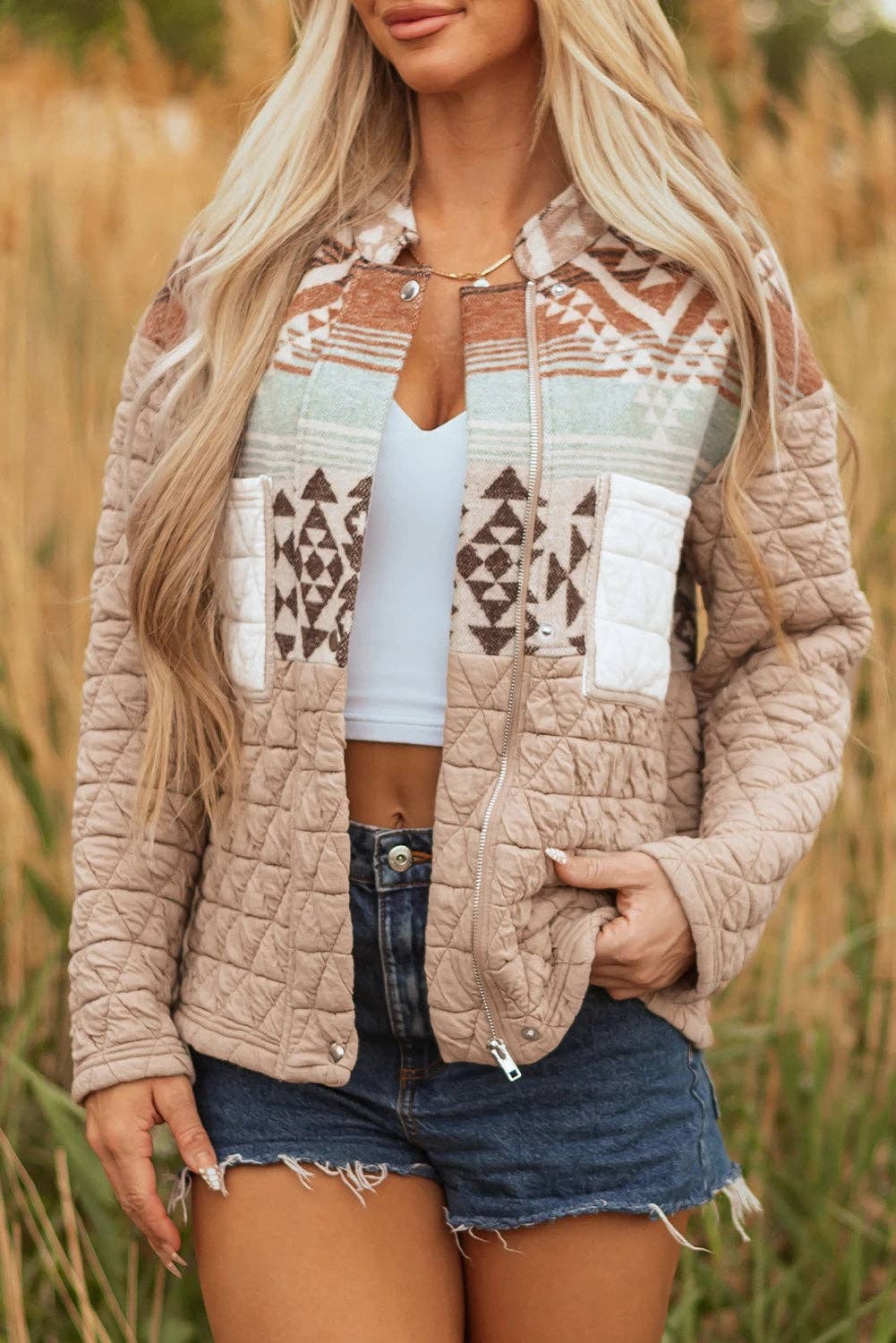 Light French Beige Aztec Quilted Patchwork Western Fashion Jacket for wholesale on Faire