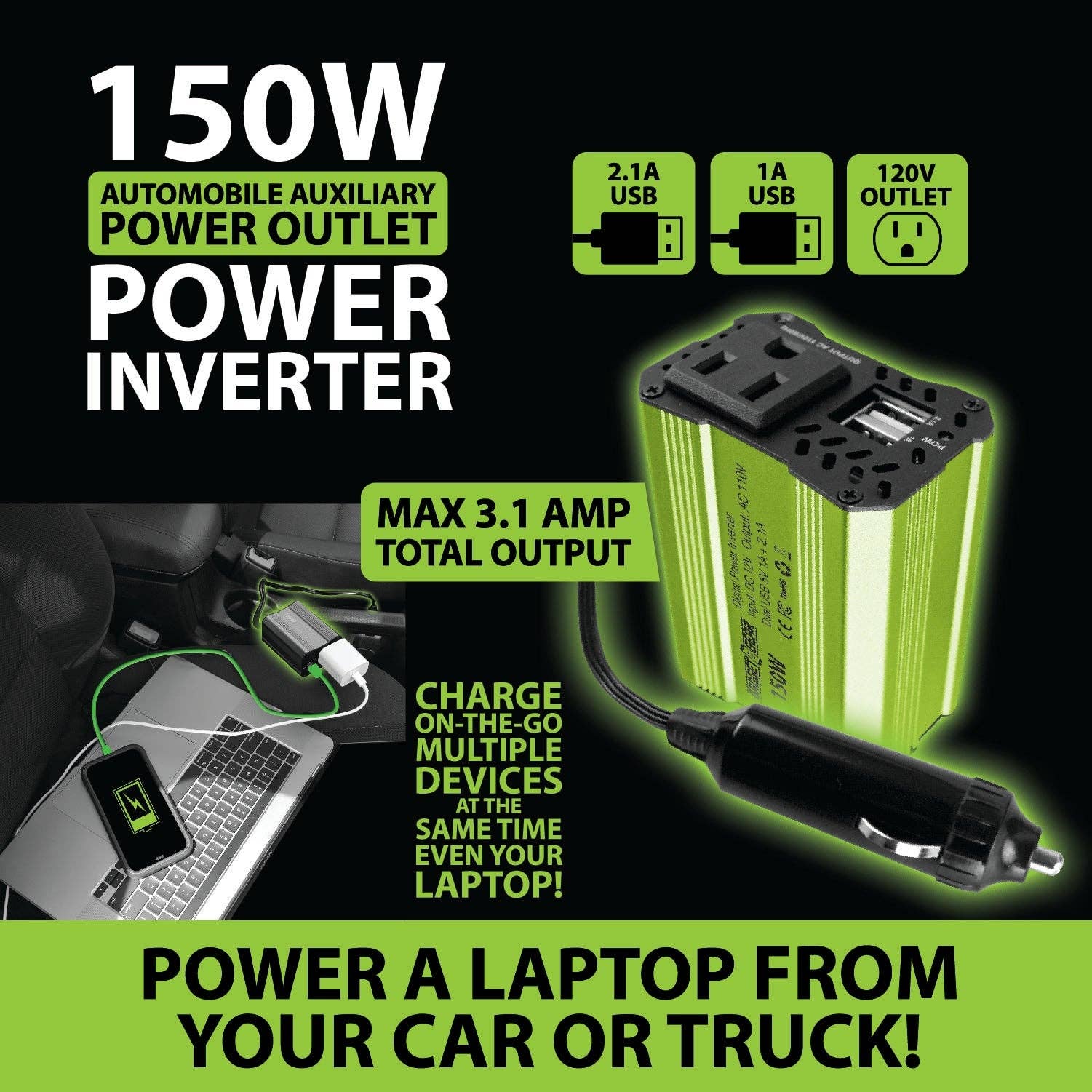 Novelty Brands - Wholesale Portable Charger - GADGET GEAR 150W POWER INVERTER W/120V OUTLET & MORE- 4/PACK7