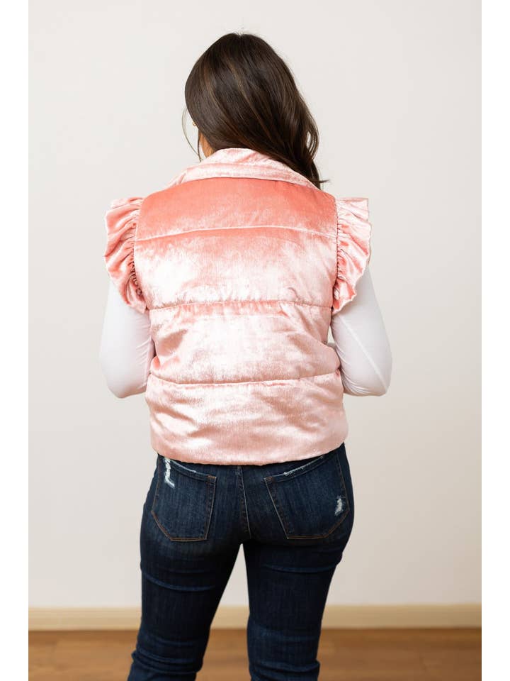 Pink Shimmer Ruffle Sleeve Puffer Vest for wholesale on Faire