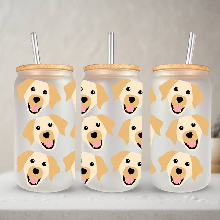 SKS Design Studio - Wholesale Drinking Glass/Cup - Labrador | 20 oz Glass Tumbler with Bamboo Lid & Straw
