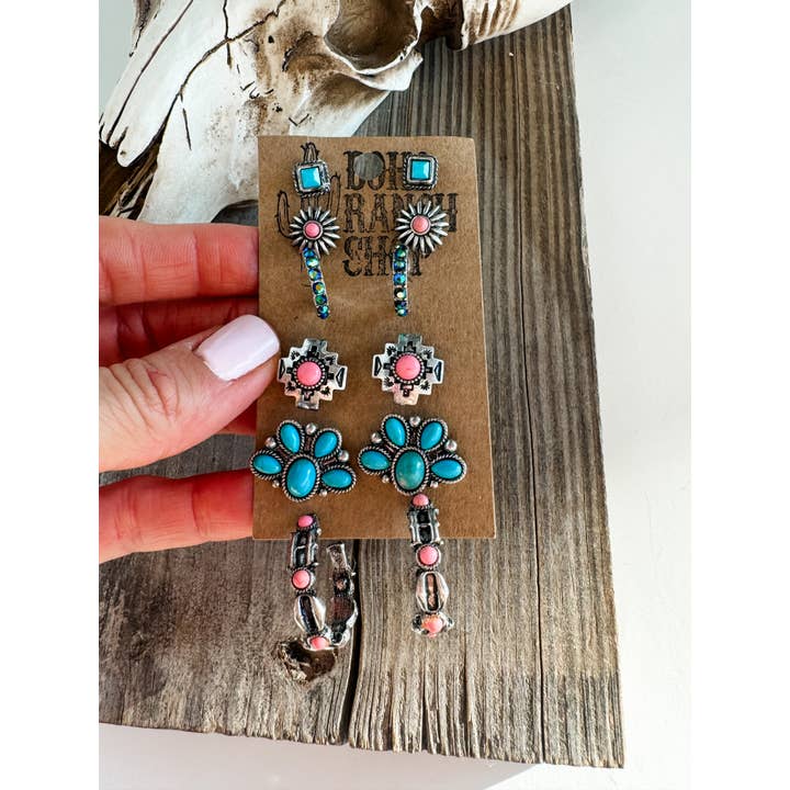 Boho Ranch Shop - Wholesale Stud/Post Earrings - 6 Pair Western Navajo Style Rhinestone Stud Stud Earring Set