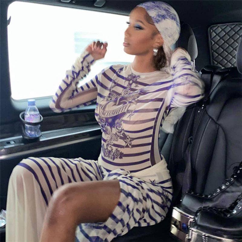 BLUE MB FASHION TATTOO MESH LONG SLEEVE SKIRT 2 PCS SET 3394LY for wholesale on Faire14