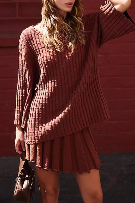 Rosa Clothing - Wholesale Top & Skirt Set - Women's - Waffle Knit Sweater Pleated Skirt Knit Set4