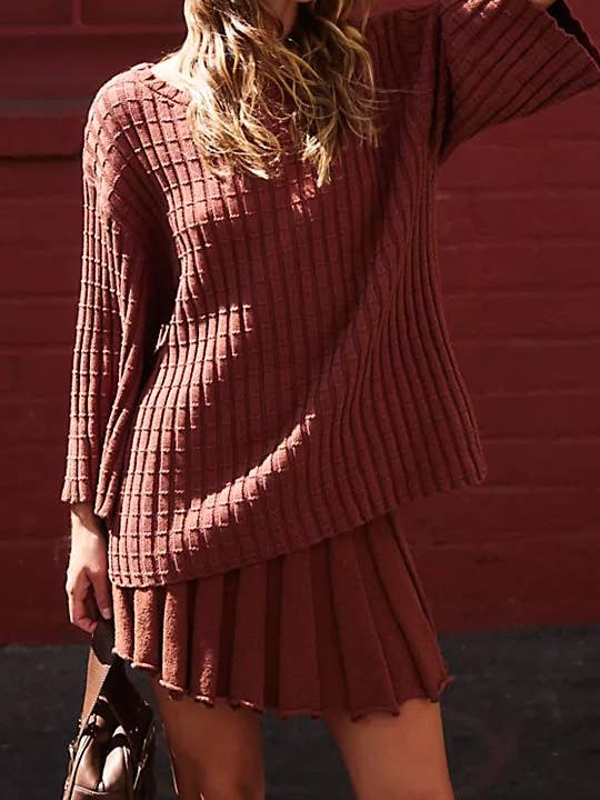 Rosa Clothing - Wholesale Top & Skirt Set - Women's - Waffle Knit Sweater Pleated Skirt Knit Set4